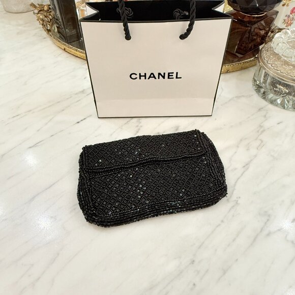 Vintage French Black Beaded Belt Bag with Chanel Gift Bag 5" X 3.5" - Picture 15 of 17